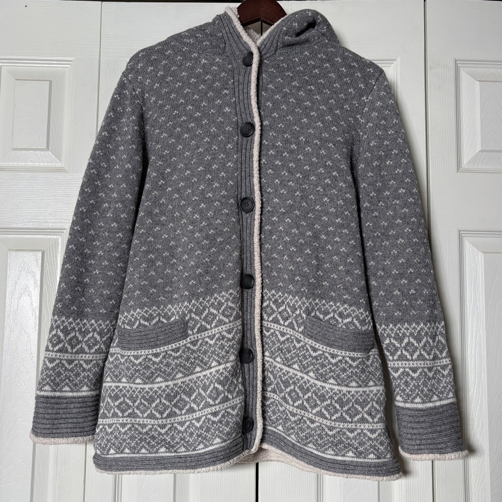 L.L Bean Fair Isle Knit Cardigan Coat | Wool Blend Cozy Winter Grandma